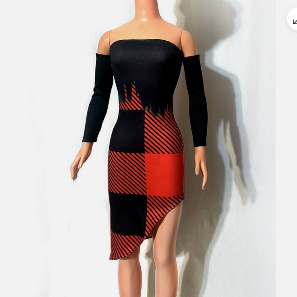 Asymetrical mini dress for My Size Barbie Doll 36" Red black color block. New